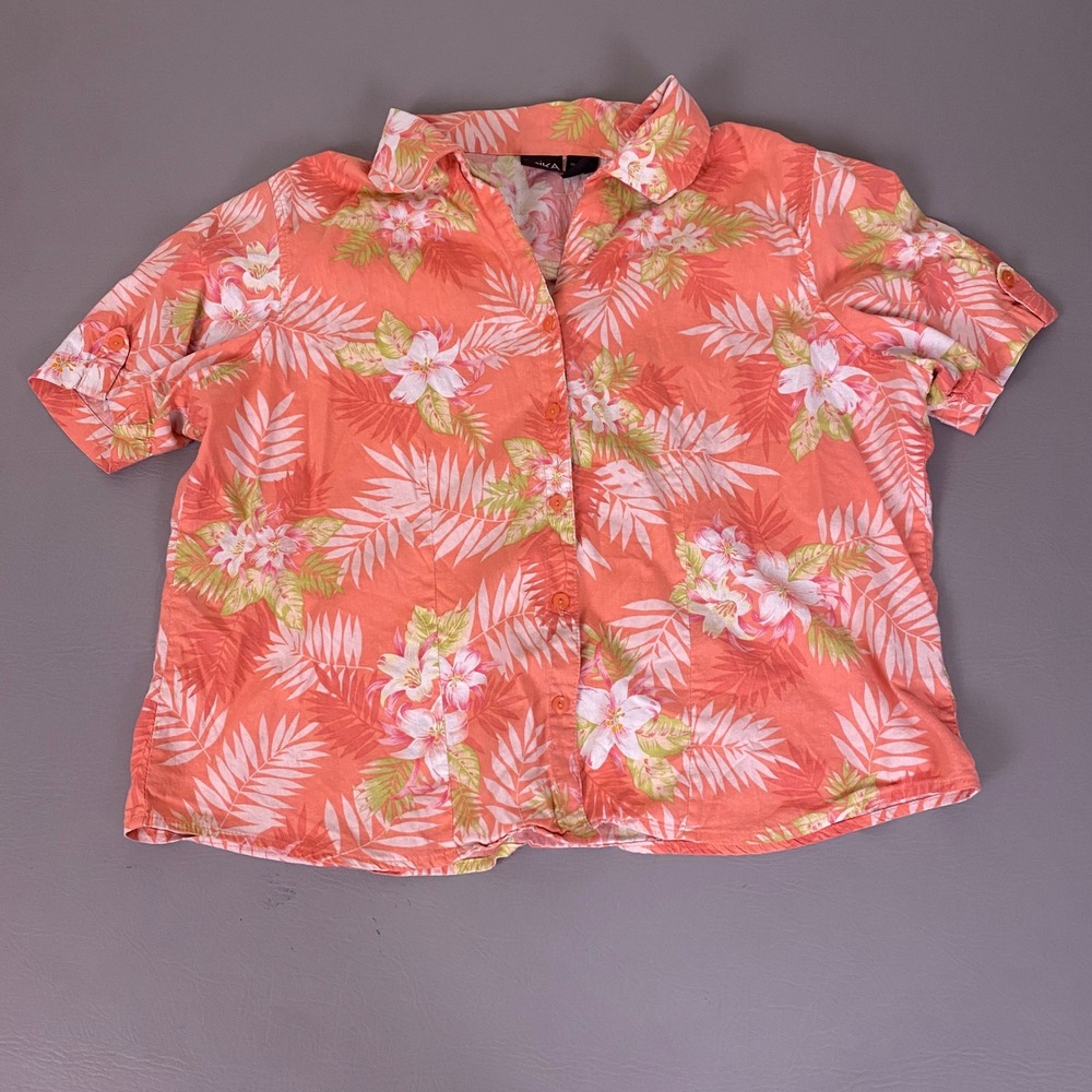 Erika Button Up Camp Shirt Womens Size XL Coral Pink Tropical Floral Rayon Blend